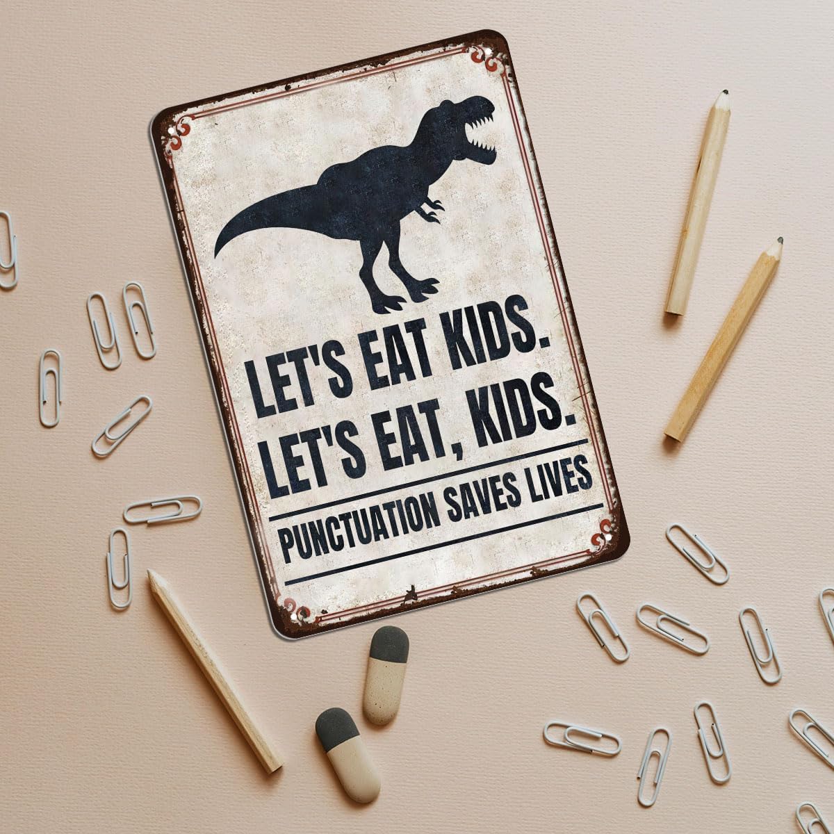 Funny English Classroom Wall Art - Punctuation Saves Lives Metal Sign - Let's Eat, Kids Grammar Decor for High School and Middle School Teachers, English Teacher Gift, 8"x12" Metal Poster