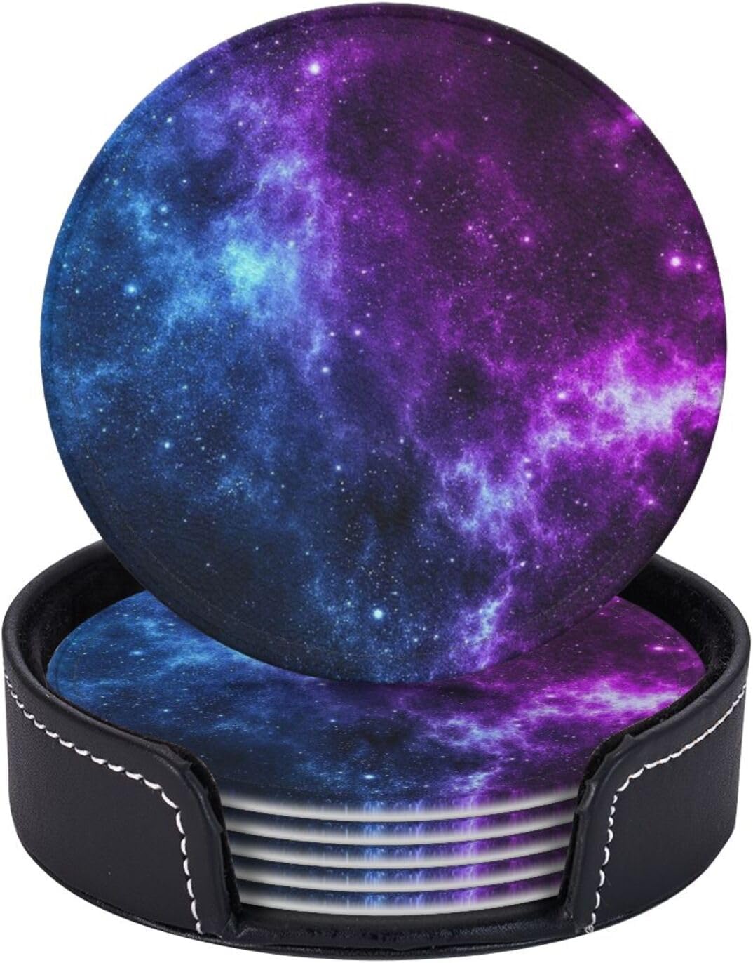 Cool Space Galaxy Blue Purple Planet Star Coasters for Drinks Round Leather Coaster with Holder Set of 6 for Tabletop Protection Desk Accessories Office Home Room Decor
