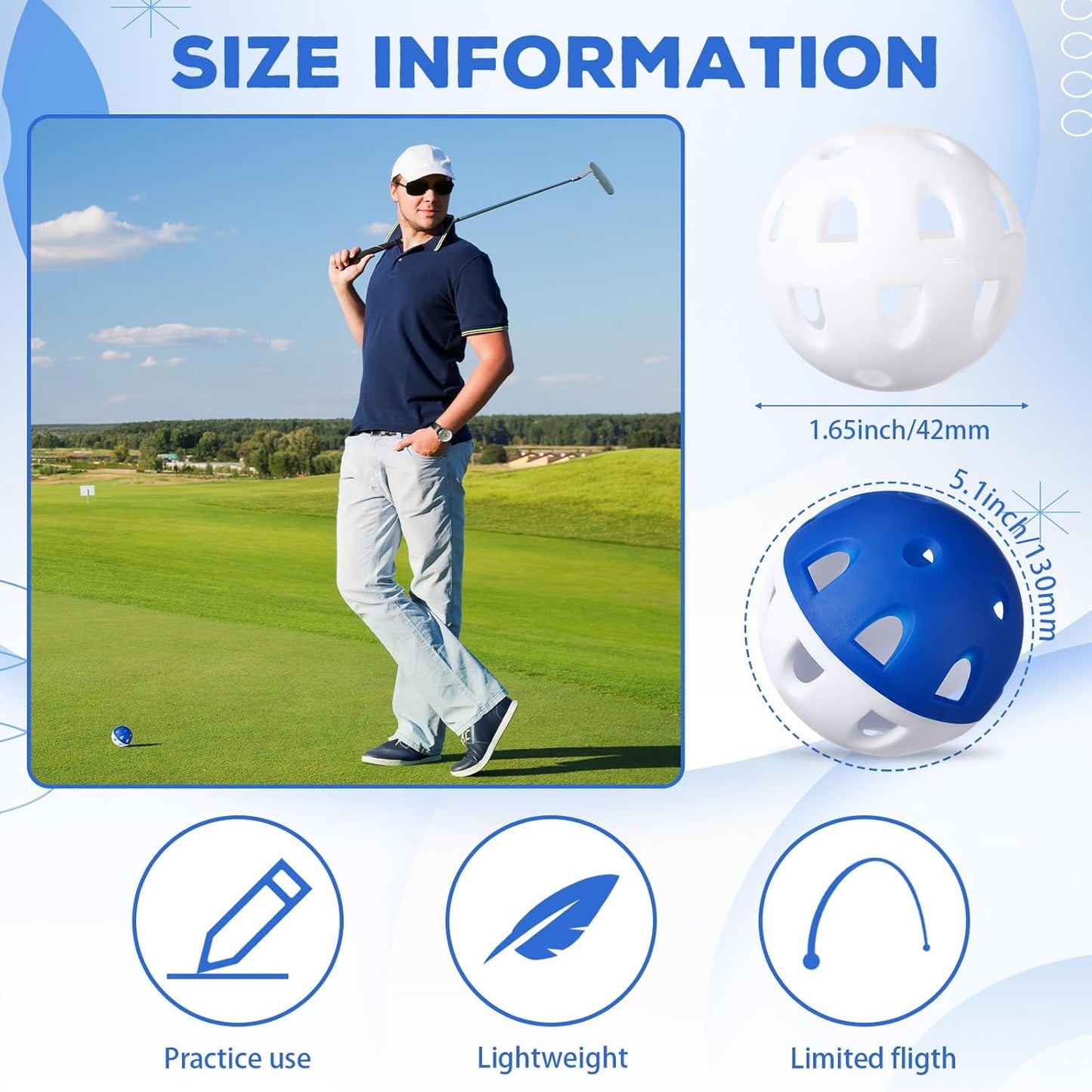 Junkin 50 Pack Practice Golf Balls Limited Flight Plastic Impact Golf Balls 1.65 Inch Hollow Soft Training Resistant EVA Foam Realistic Feel for Indoor Outdoor Swing Training