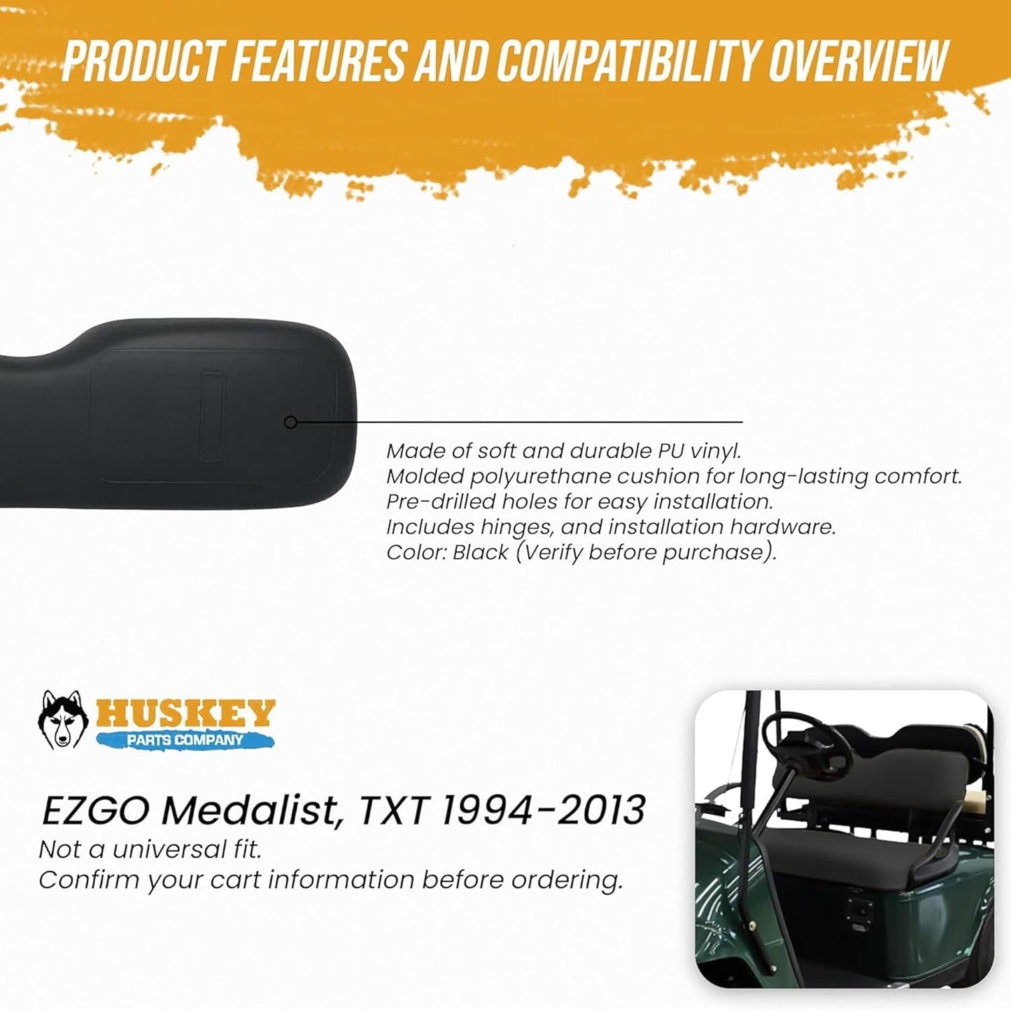 Huskey Parts Company Golf Cart Seat Cushion for Front Seat Lean Back, Black Color for EZGO Medalist, TXT 1994 to 2013, Golf Cart Front Seat Replacement with Mounting Hardware