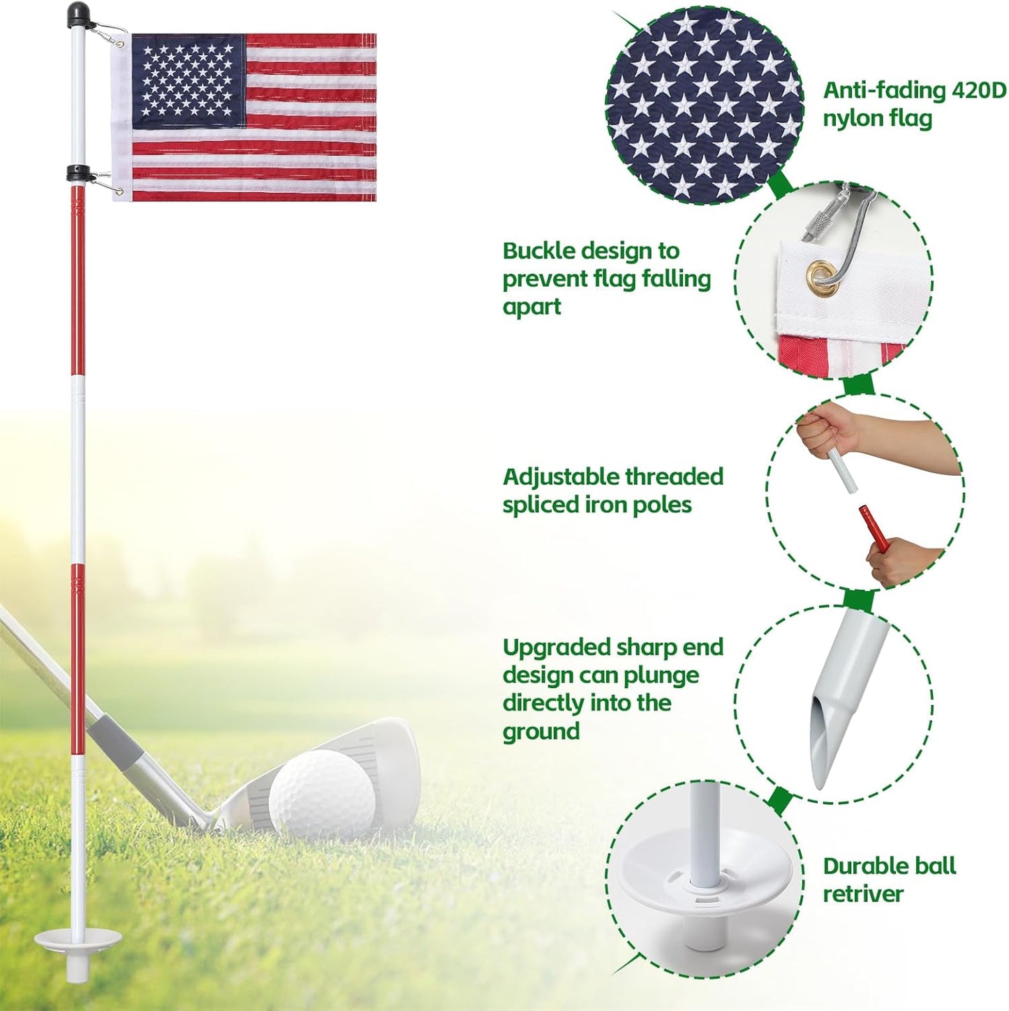 Golf Flagstick 6ft, Double-Side American Flag for Putting Green, Portable 5-Section Design for Backyard Practice, Golf Pin USA Flag for Driving Range