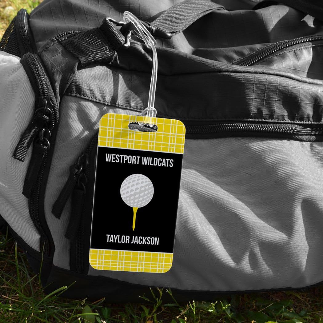 ChalkTalkSPORTS Golf Luggage & Bag Tag | Personalized Team with Golf Ball | Standard Lines on Back | Large | Yellow/Black
