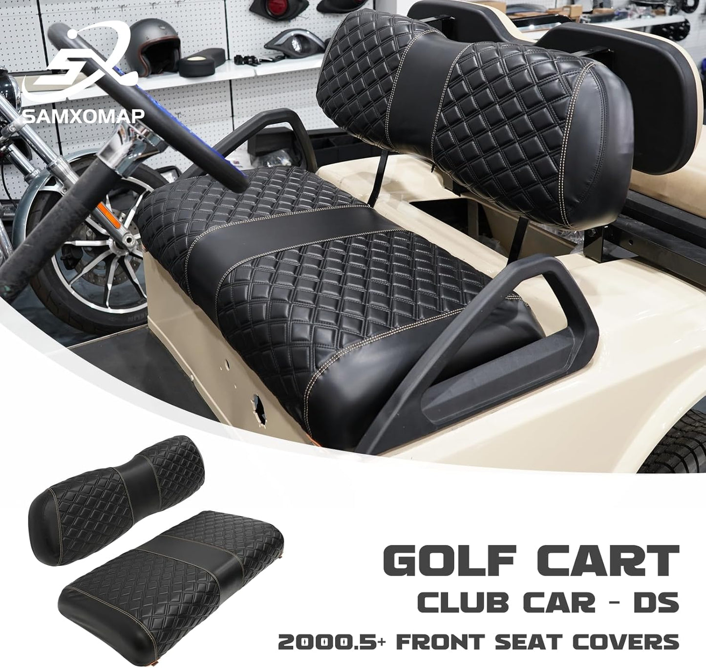 Golf Cart Seat Covers for Club Car DS 2000.5+ Front OEM Universal Seat Cushion, Marine Grade Vinyl Leather Club Car DS Seat Covers/Easy to Install-Black (2PCS)