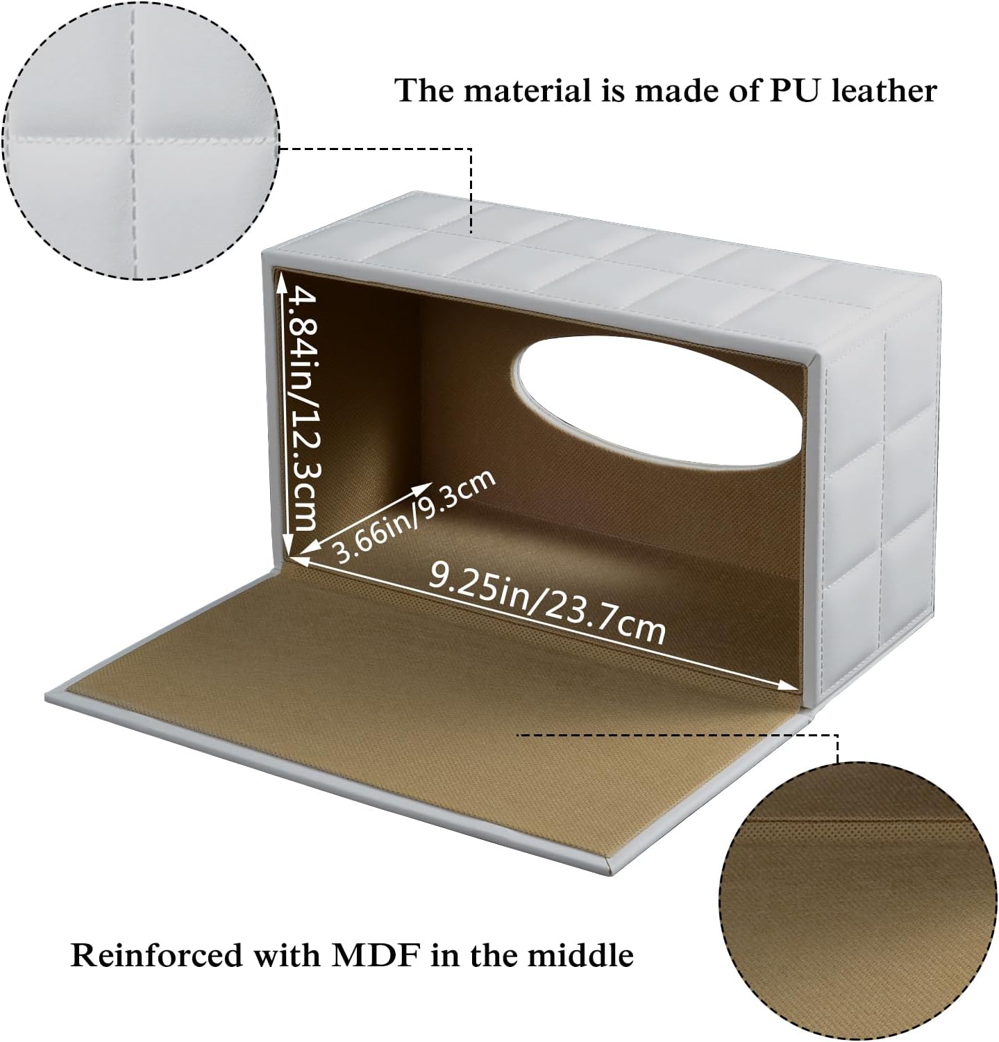 Tissue Box Cover Rectangle Tissue Box Holder PU Leather Facial Organizer with Magnetic Bottom,Decorative Napkin Caddy for Vanity Dresser Night Stand Table Countertop Home Office Car,White