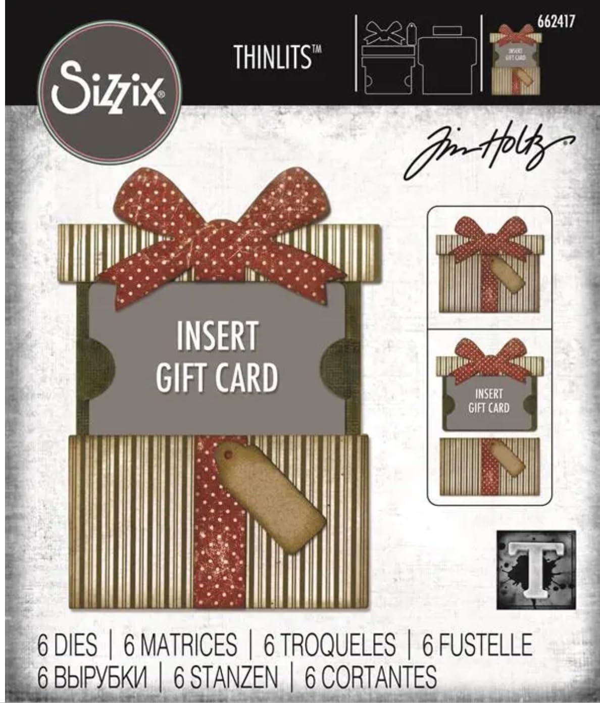 Sizzix Thinlits Dies by Tim Holtz, Gift Card Package with Bow and Tag, 6 Piece Die Set, Carnora Die Storage Pocket