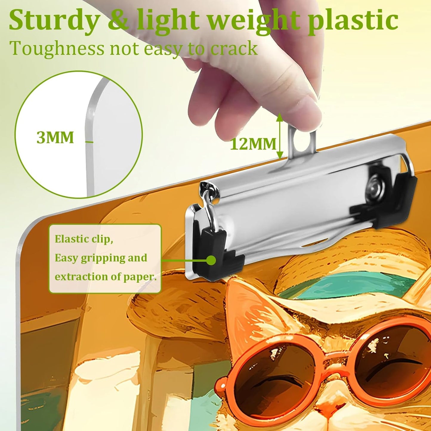 Cute Cat Clipboard,Decorative Acrylic Clipboard with Low Profile Metal Clip for Office,School,Teachers,Students Standard Letter Size 9x12.5