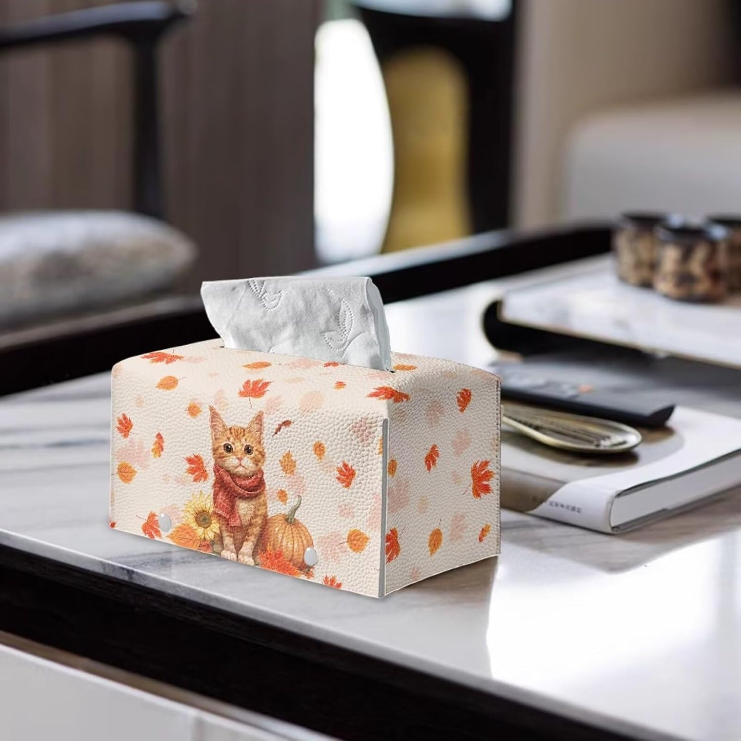 Fall Leather Tissue Box Cover Cute Cat Sunflower Pumpkin Tissue Box Covers Cube Tissue Box Holder Rectangular for Bathroom Home Decorations for Dining Room