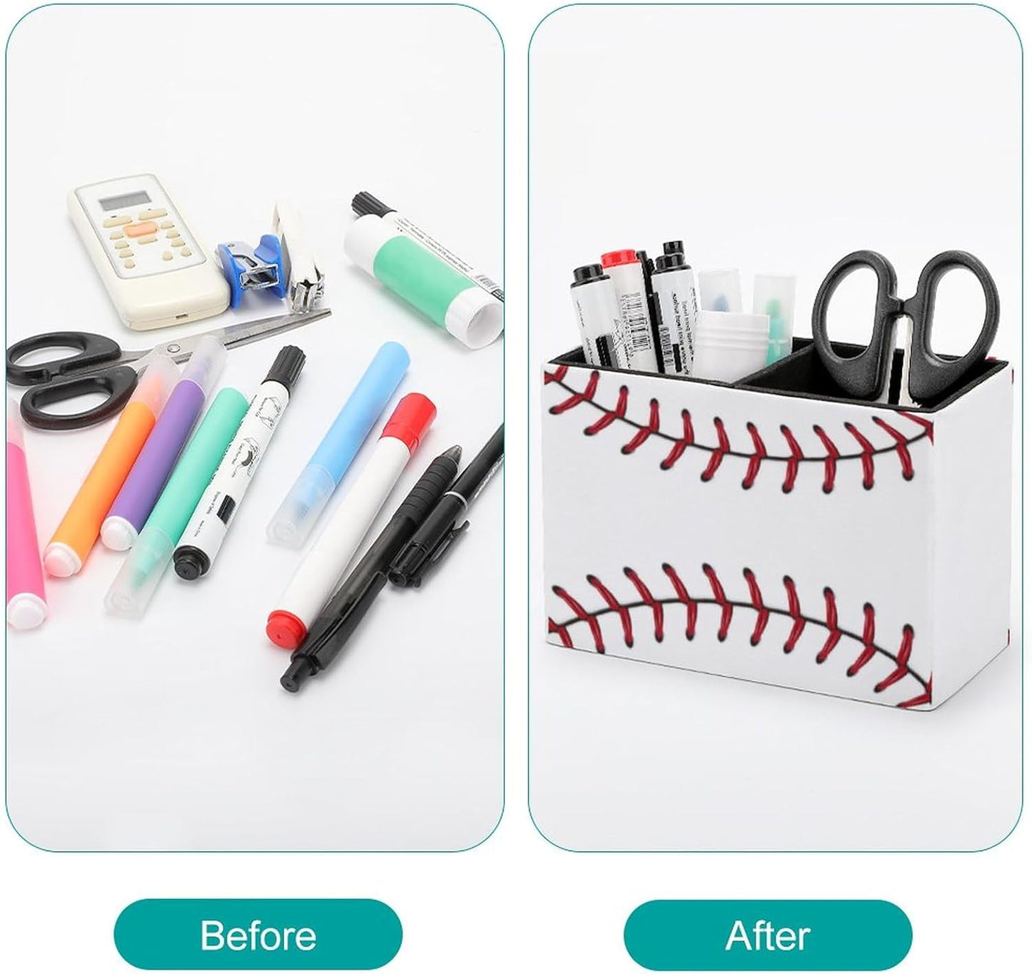 Pen Holder, Pencil Holder for Desk Organizer, Ball Baseball Stitches Sport PU Leather Pencil Cups Desktop Stationery Storage Makeup Brush Holder Pen Organizer for Office Home
