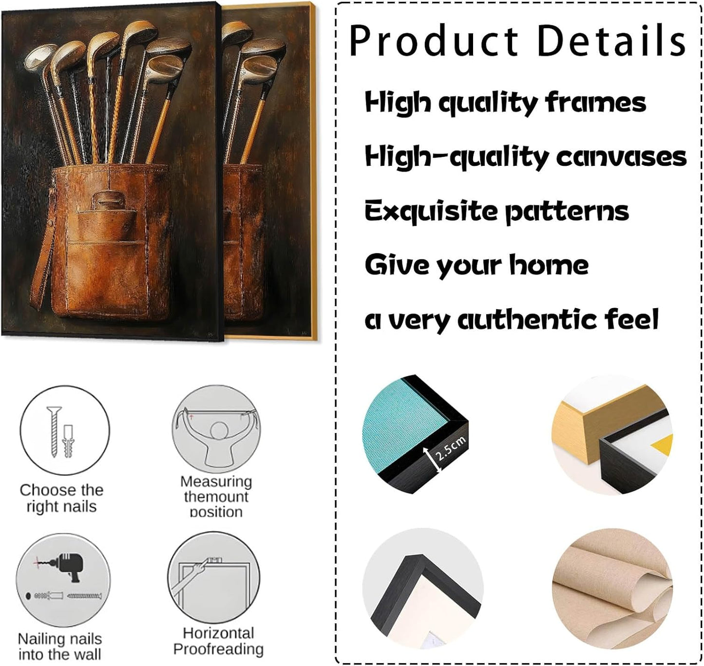 Golf Canvas Wall Art, Golf Canvas Prints, Vintage Wall Decor, Vintage Golf Clubs Living Room Wall Art, Man Cave Decor, Vintage Paintings with Frame, Golf Gift for Men (Gold Framed, 39"x59"|100x150cm)