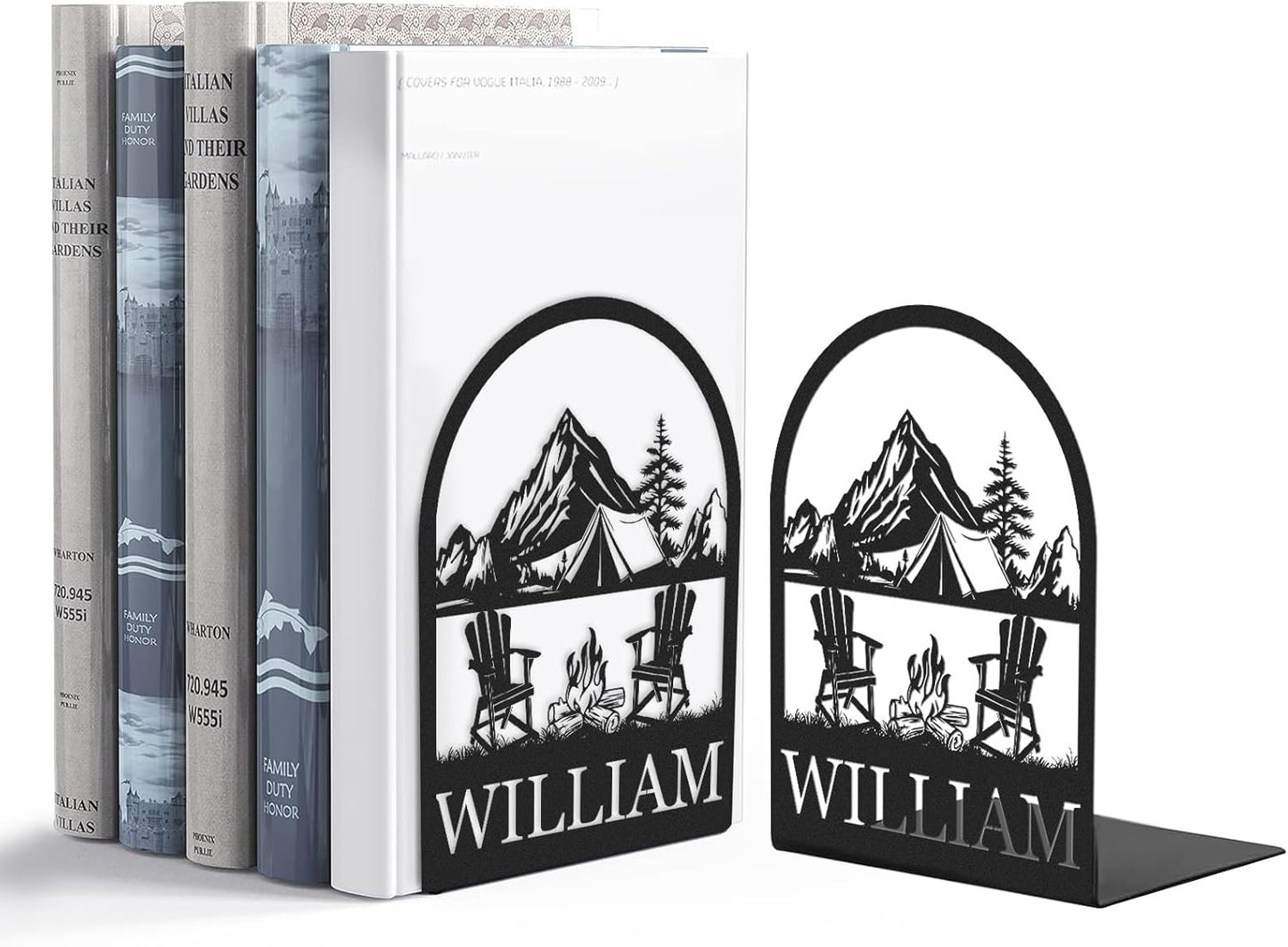 Personalized Name Metal Book Ends 2 Pcs, Modern Bookends for Shelves, Book Stopper for Heavy Books, Camping Bookshelf Decor, Book Organizer for Desk, Book Holders for Home Office, Gifts for Camper