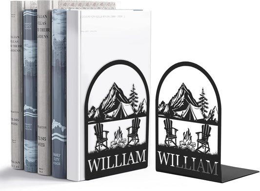 Personalized Name Metal Book Ends 2 Pcs, Modern Bookends for Shelves, Book Stopper for Heavy Books, Camping Bookshelf Decor, Book Organizer for Desk, Book Holders for Home Office, Gifts for Camper