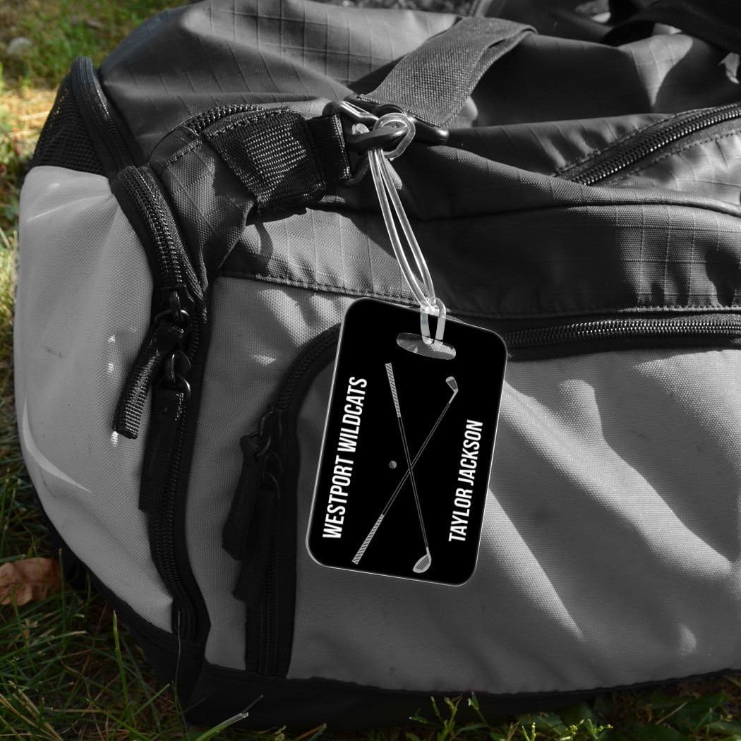 ChalkTalkSPORTS Golf Luggage & Bag Tag | Personalized Crossed Golf Clubs | Standard Lines on Back | Medium | Black/Gray