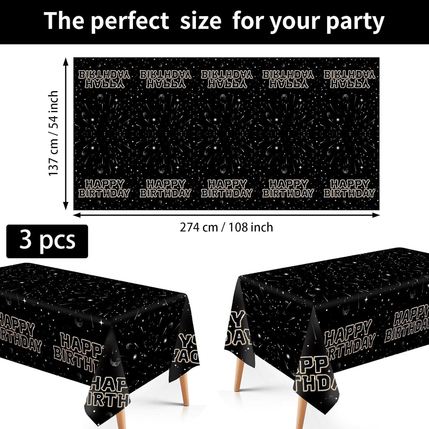 3Pcs Star Galaxy Party Tablecloth Black Galaxy Movie Space Plastic Table Cover Waterproof Black Universe Wars Theme Disposable Table Cloth for Kids Boys Mens Birthday Party Decorations 54 x 108 Inch