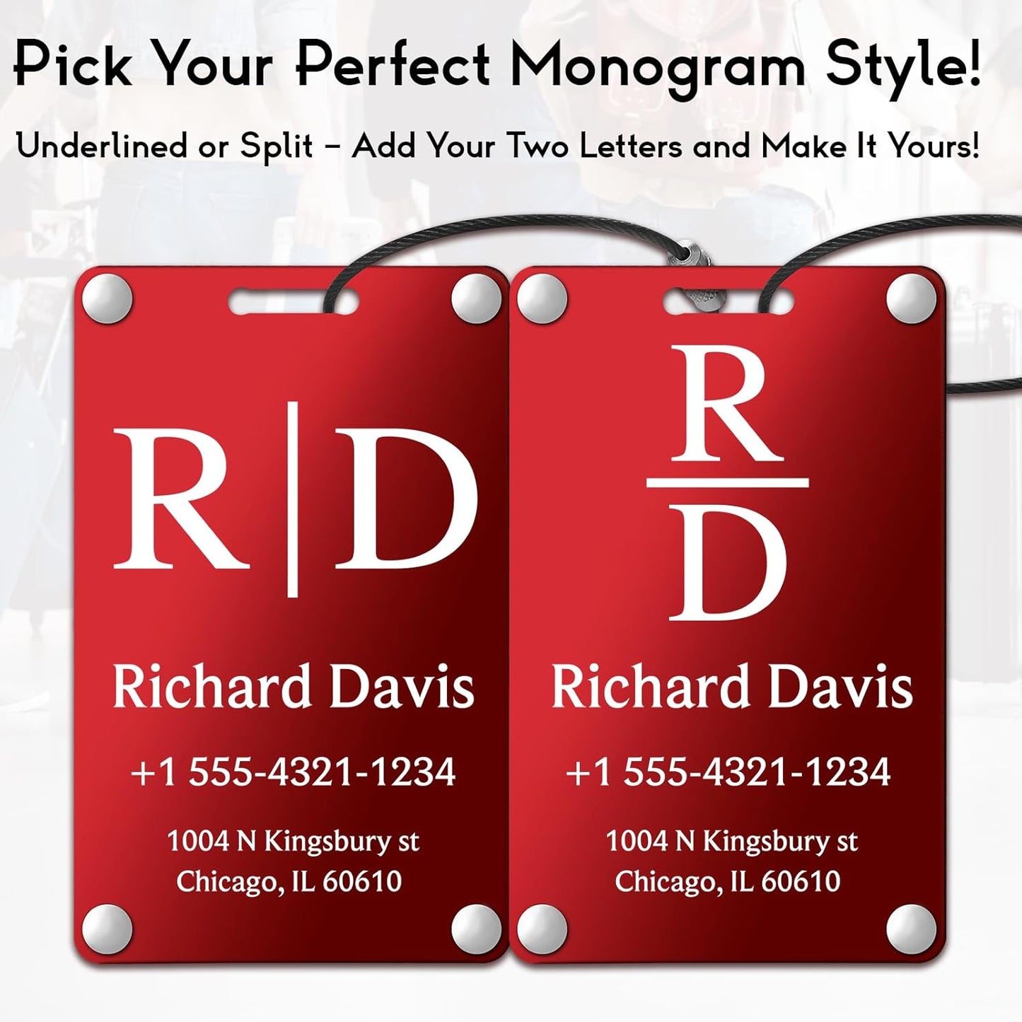 Personalized Luggage Tags for Suitcases - Monogram Style Aluminum Custom Luggage Tags for Backpacks & Bags, Sturdy, Waterproof & Heavy Duty (Red/Card-Sized)