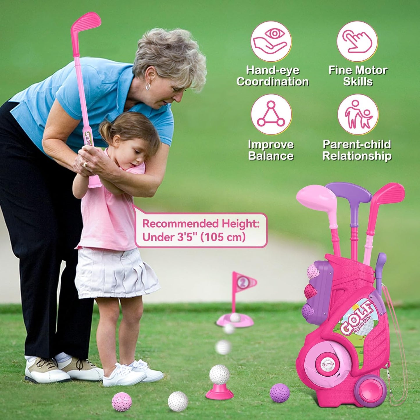 Liberry Toddler Golf Set for 2 3 4 Years Old Girls Boys, Upgraded Kids Golf Clubs Set with Golf Cart, Putting Mat, Outdoor Indoor Sports Toy Birthday, Pink