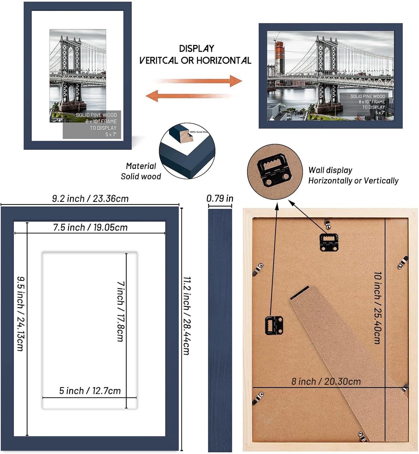 8x10 Picture Frames Solid Wood Display Pictures 5x7 With Mat or 8x10 Without Mat for Wall Mounting or Table Top (Jazz Blue)