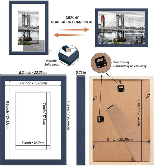 8x10 Picture Frames Solid Wood Display Pictures 5x7 With Mat or 8x10 Without Mat for Wall Mounting or Table Top (Jazz Blue)