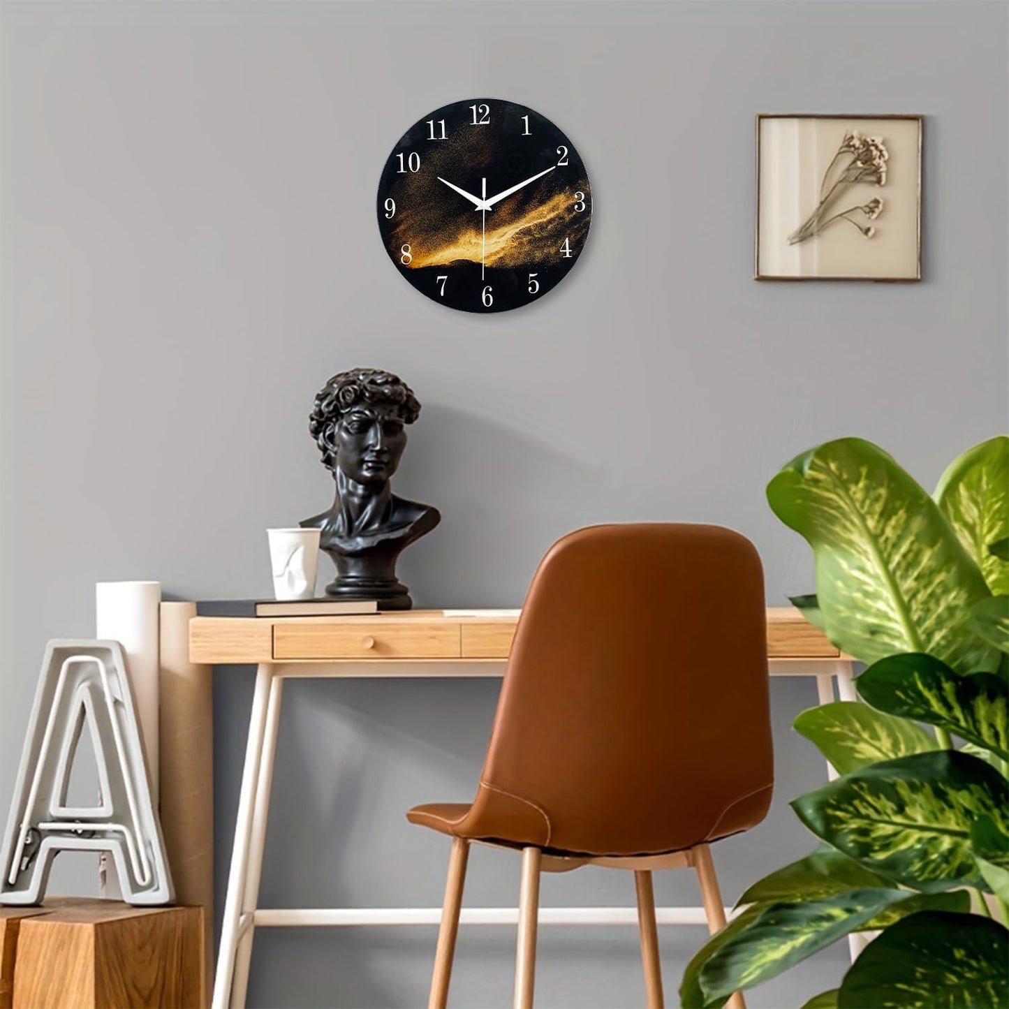Black Wall Clock for Living Room 14 Inch Glass Analog Wall Clock Battery Operated Silent Clock for Bedroom Office