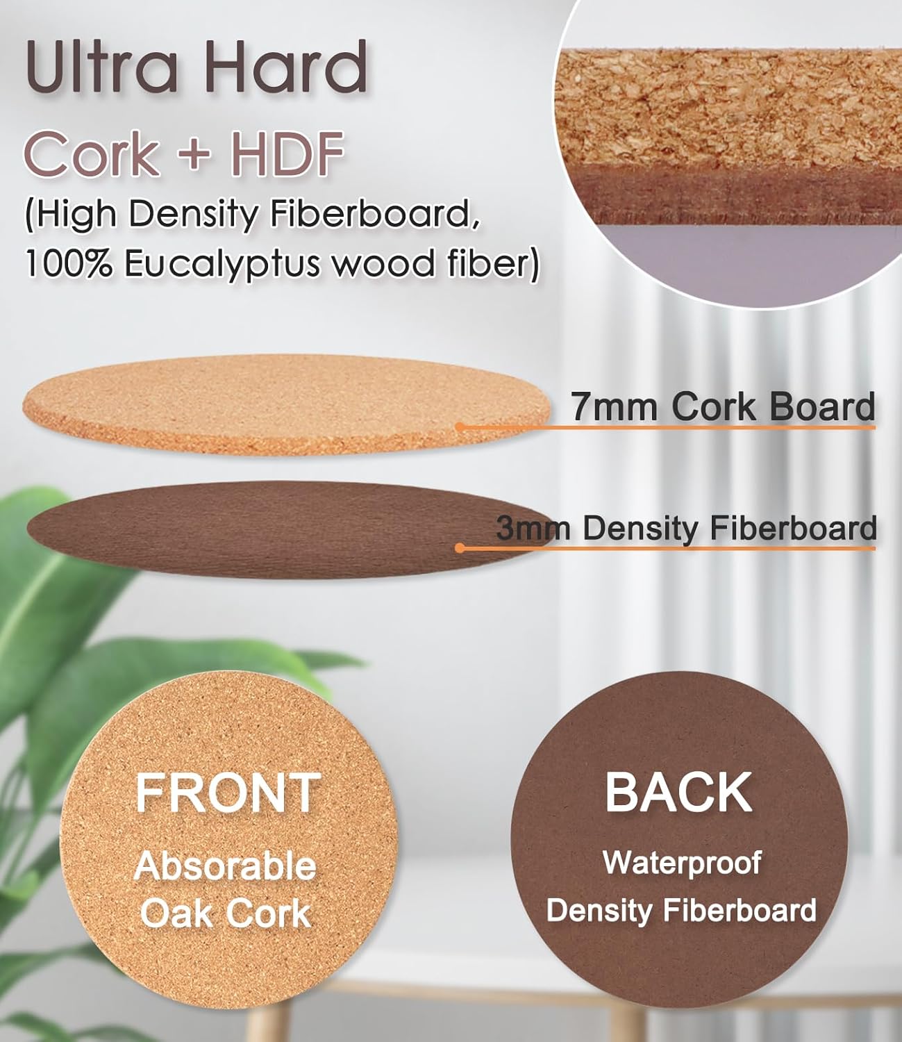 Cork Plant Coasters, Double Layers Hard Thick Planter Coaster, 12 Inch Absorbent Mats, Cork Trivets for Hot Dishes, Coasters for House Plants, 2 Pcs