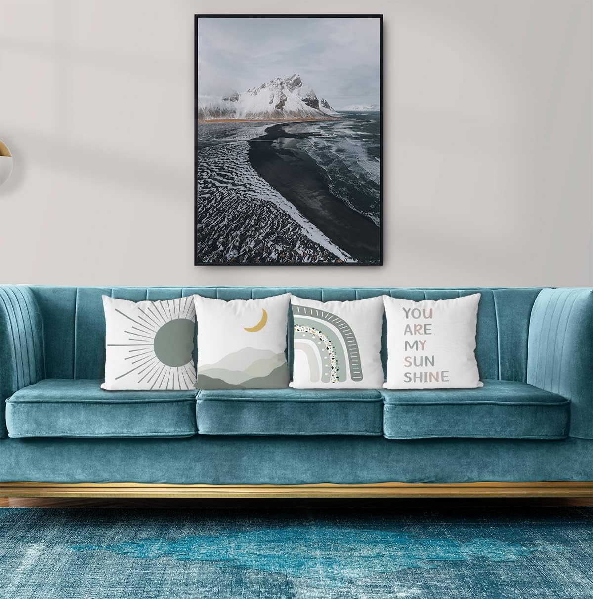 KEUSPI Nursery Abstract Boho Green Sun You are My Sunshine Moon Rainbow Throw Pillow Covers,Bohemian Throw Pillow Covers 18×18 Inch Set of 4,Bohemian Nursery Girls Room Decor,Boho Gifts for Baby Girls