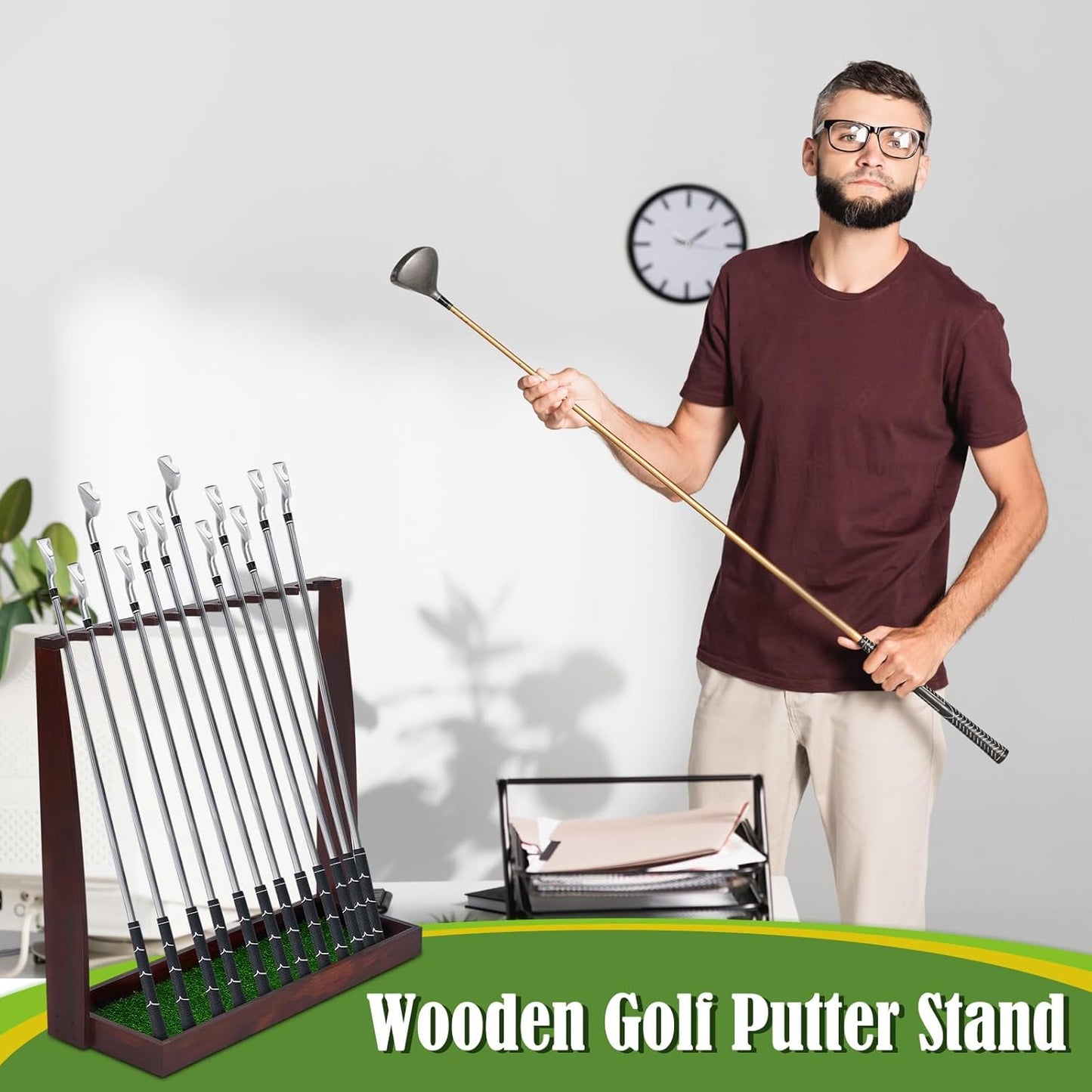 Lenwen Wooden Golf Putter Stand Golf Club Holder Stand Wooden Display Rack Floor Display Rack Club Organizer for Storage Sports Indoor Home Office Simulator Garage