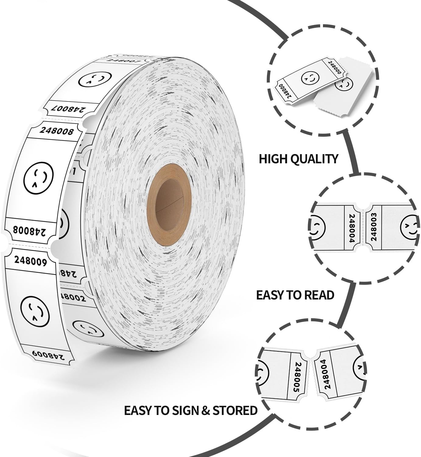 Methdic 1000 Smile Raffle Tickets White, Single Roll, Ticket for Events, Entry, Class Reward, Fundraiser & Prizes