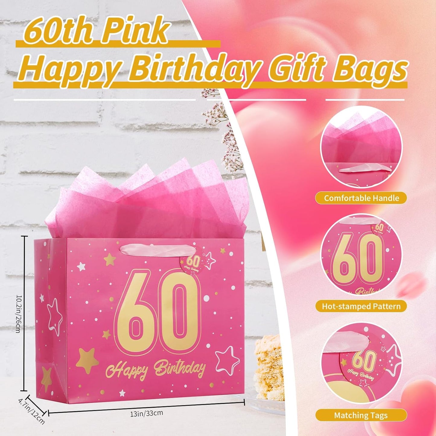 Powbrace 13" Pink Happy Birthday Gift Bag with Tissue Paper and Greeting Card for Party,Happy Birthday Gift Bag for Men Women,Gift Bags Medium size(1 Pink 60th)