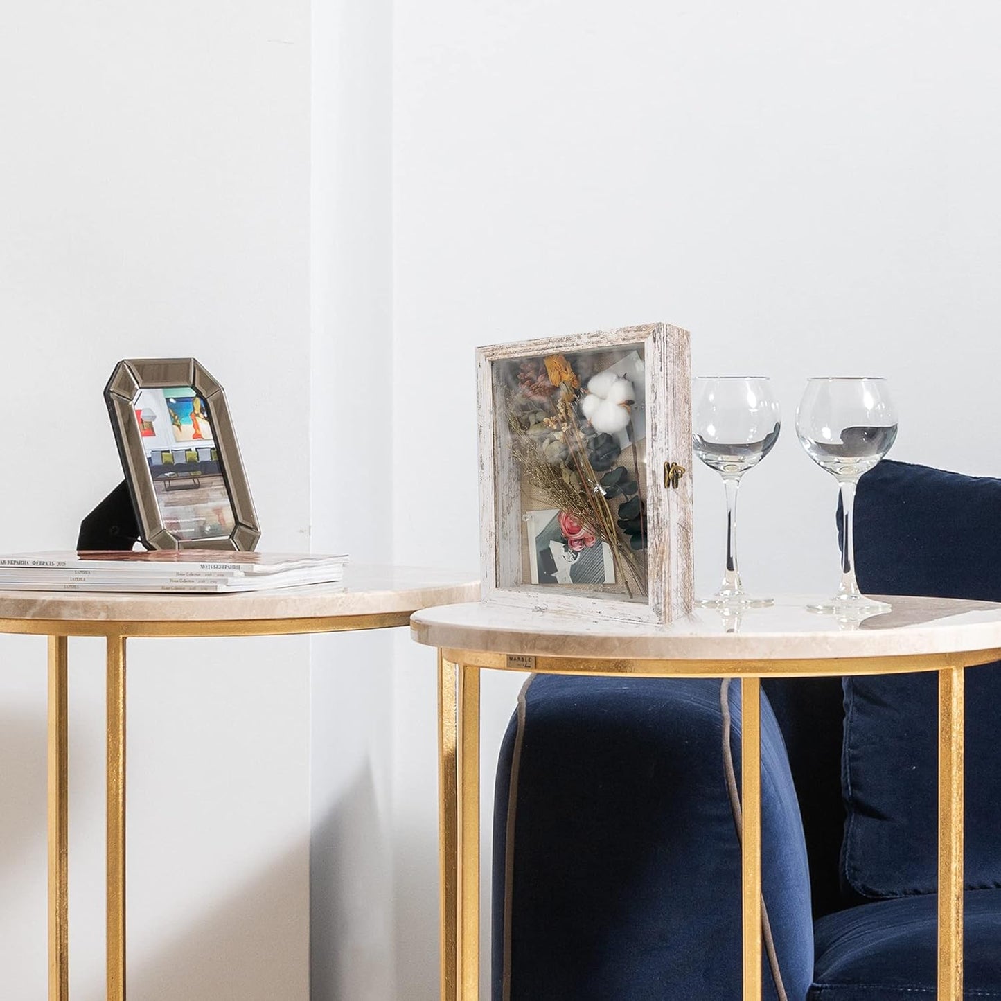 GraduatePro Shadow Box Frame 8x10 Display Case with Linen Back, Real Glass Window Door with Hinge, Picture Frame Wedding Bouquet Memorabilia Medals Photos Memory Box for Keepsakes, Rustic White