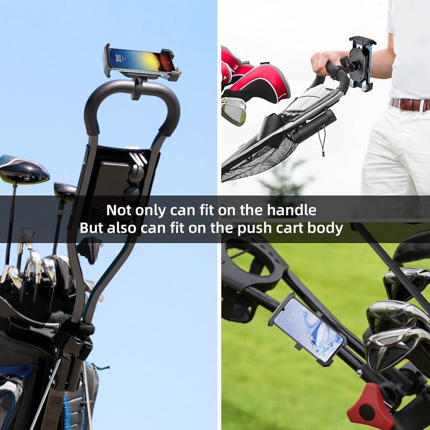 Roykaw Golf Push Cart Phone Holder Mount Compatible with Caddytek,Clicgear,Sun Mountain,Rovic, Caddy, Bag Boy,Golf Push Cart Accessories for Cell Phones,Full Silicone Protection/ 360°Rotatable