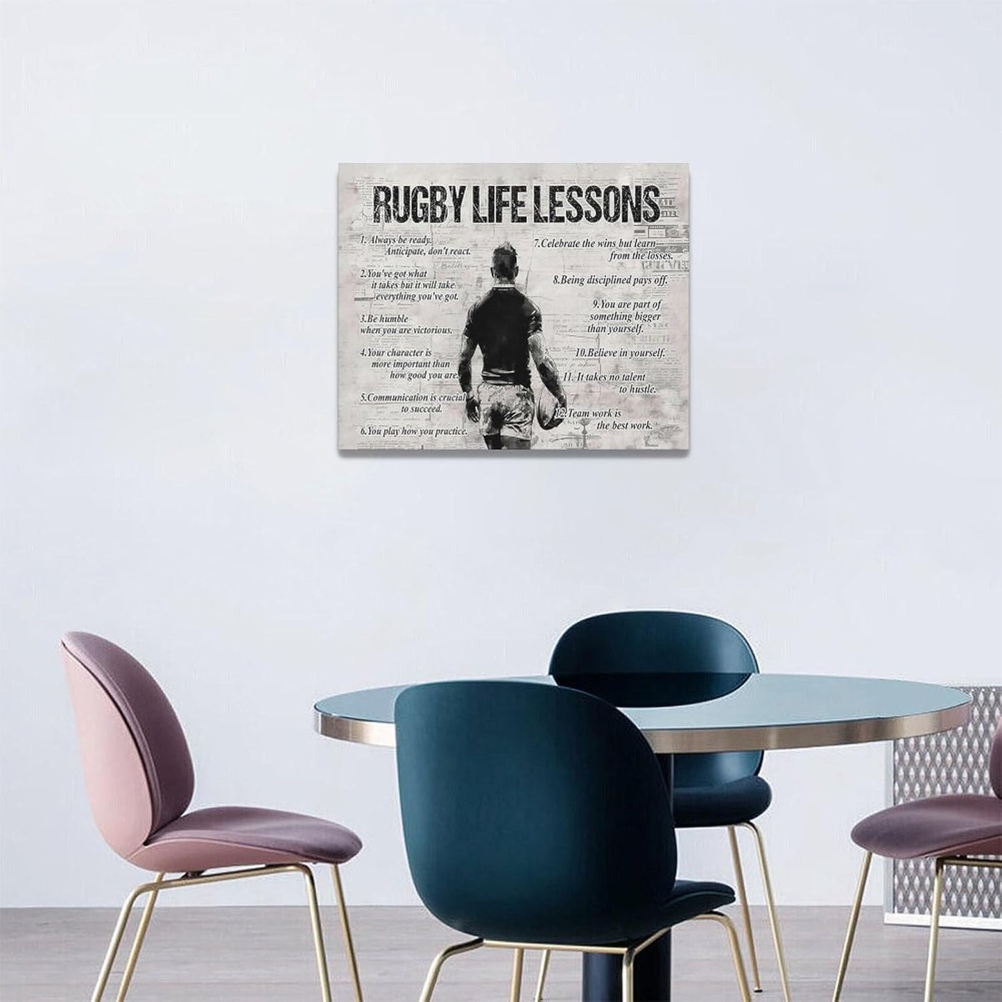 Rugby Life Lessons Wall Art Rugby Sports Wall Decor Rugby Sign Retro Poster Boy Men Motivational Decorations Canvas Print Painting Artwork for Bedroom Bathroom Living Room Gym 20"x16"
