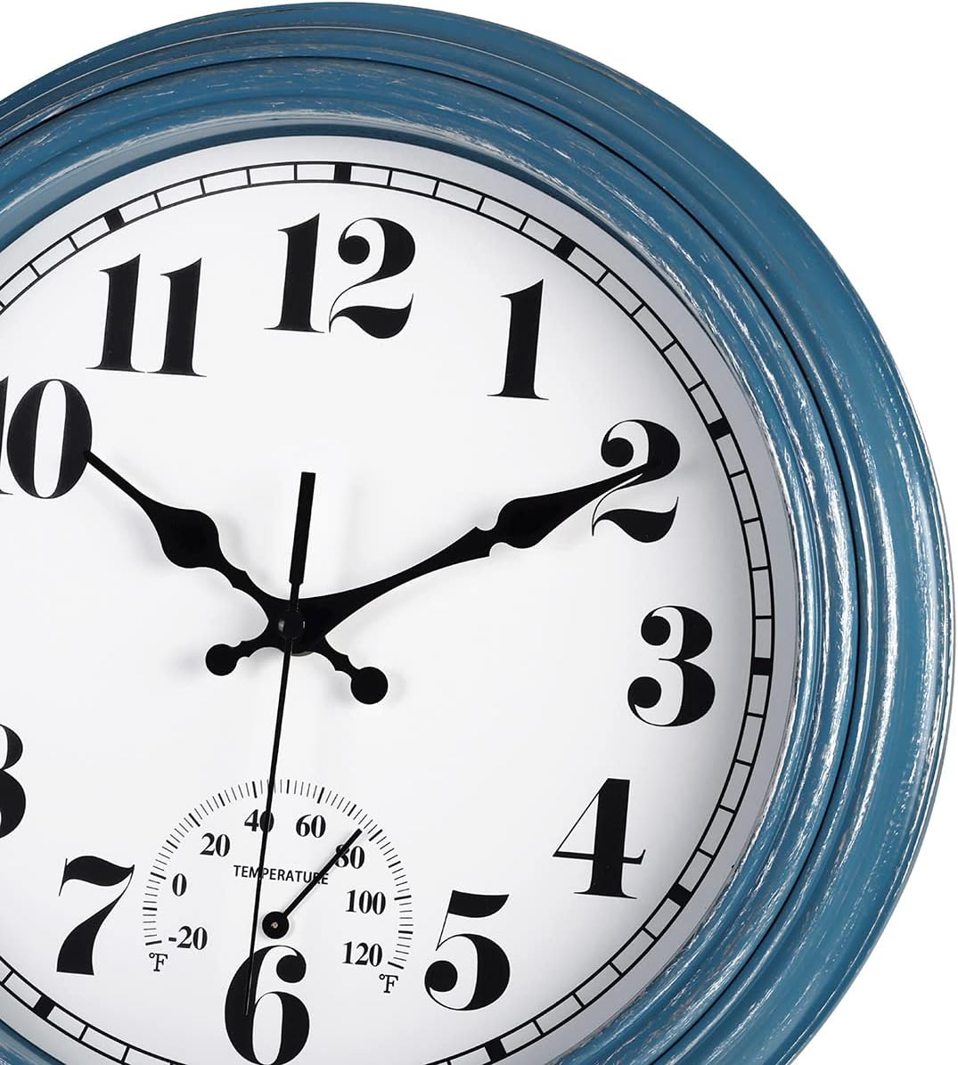 JENLYSTIME 12 Inch Indoor/Outdoor Retro Waterproof Wall Clock with Thermometer Silent Round Quartz Battery Operated Easy to Read Decorative for Kitchen Patio,Bathroom,Deck,Porch,Pool(Blue)