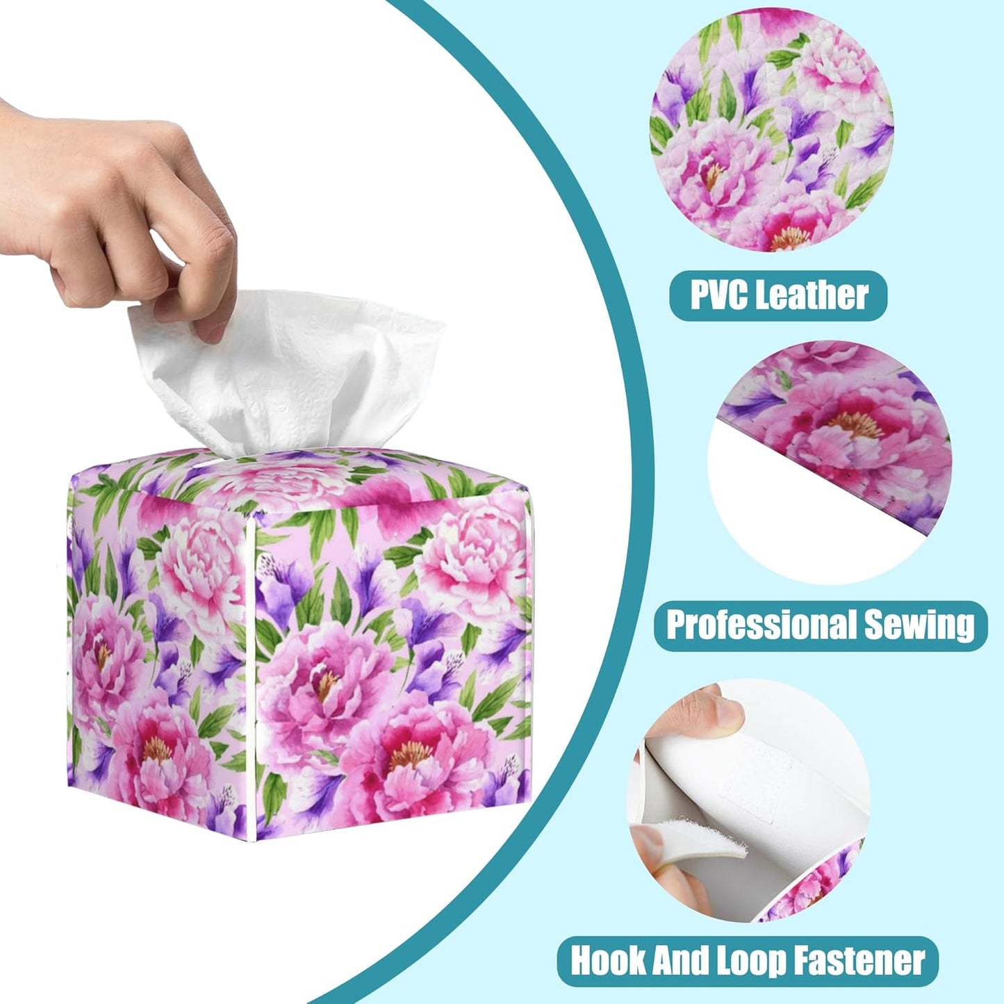 Watercolor Peonies Floral Leather Tissue Holder,Square Tissue Box Cover with Bottom Belt,Modern Decorative Facial Tissue Paper Cover for Car Bedroom Vanity Desk Office Table Top,5.2" x 5.2" x 5.2"