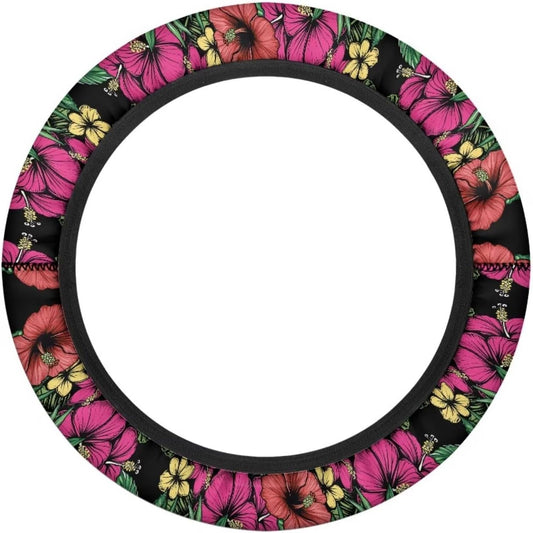 Tropical Flowers Golf Cart Steering Wheel Cover Hibiscus 13-14 Inch Golf Cart Steering Wheel Covers Universal Fit Stretchable Club Car Accessories Cooling in Summer