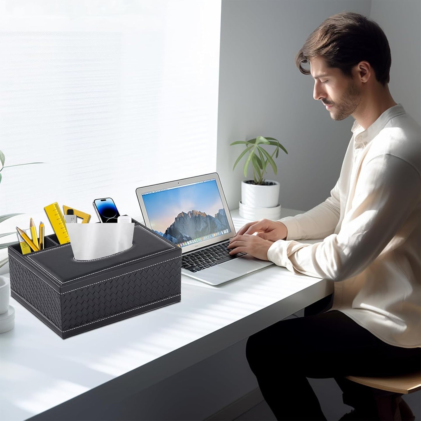 Tissue Box Cover Rectangle Black Tissue Box Holder PU Leather Facial Tissue Organizer,Multifunctional Remote Control Stationery Storage Box,Home Office Supplies Car Napkin Caddy