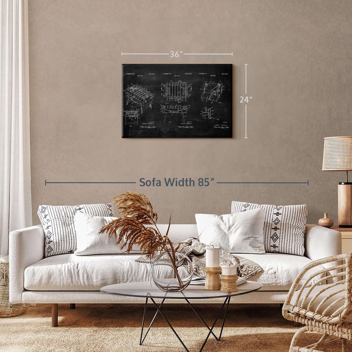 ElephantStock Soccer Table BW Patent Wall Art - Horizontal Wrapped Canvas - 1-Piece Living Room Wall Decor - Soccer Digital Art Canvas Print - Black and White Decor - 36" X 24"