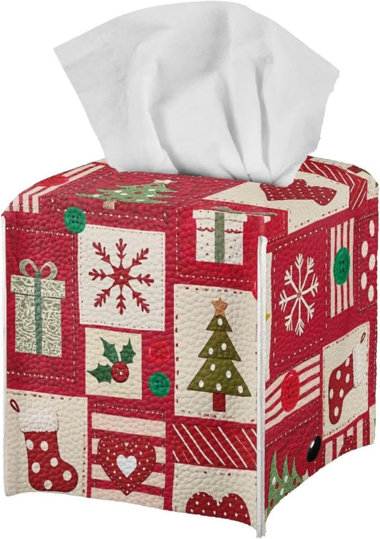 Christmas Tissue Box Cover Square Leather Tissue Cover Red Facial Paper Box Holder for Desk Bathroom Vanity Countertop 5x5x5 inch Xmas Home Decor