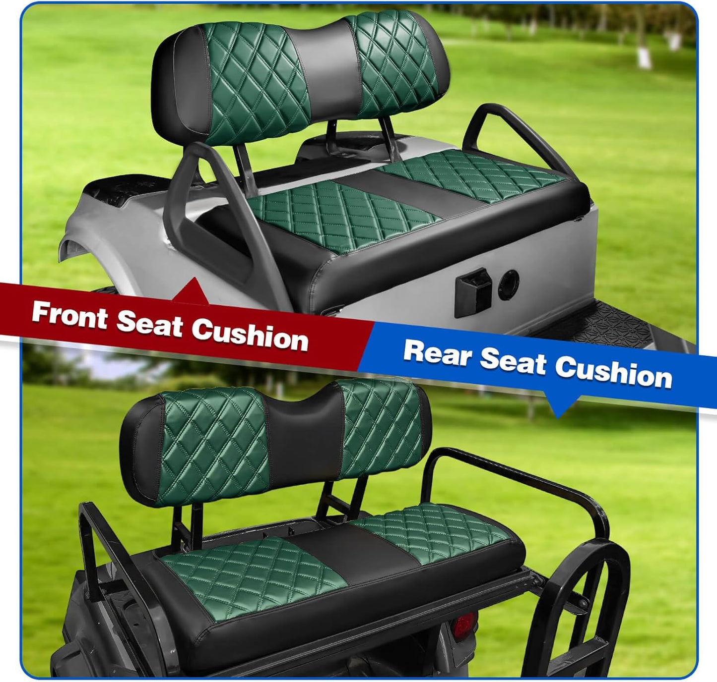 NOKINS 4PCS Golf Cart Diamond Seat Covers Kit, Front and Rear Seat Covers Fits Club Car DS 2000.5-Up Standard Seat Cushion, Club Car DS Vinyl Seat Covers Accessories (Dark Green and Black)