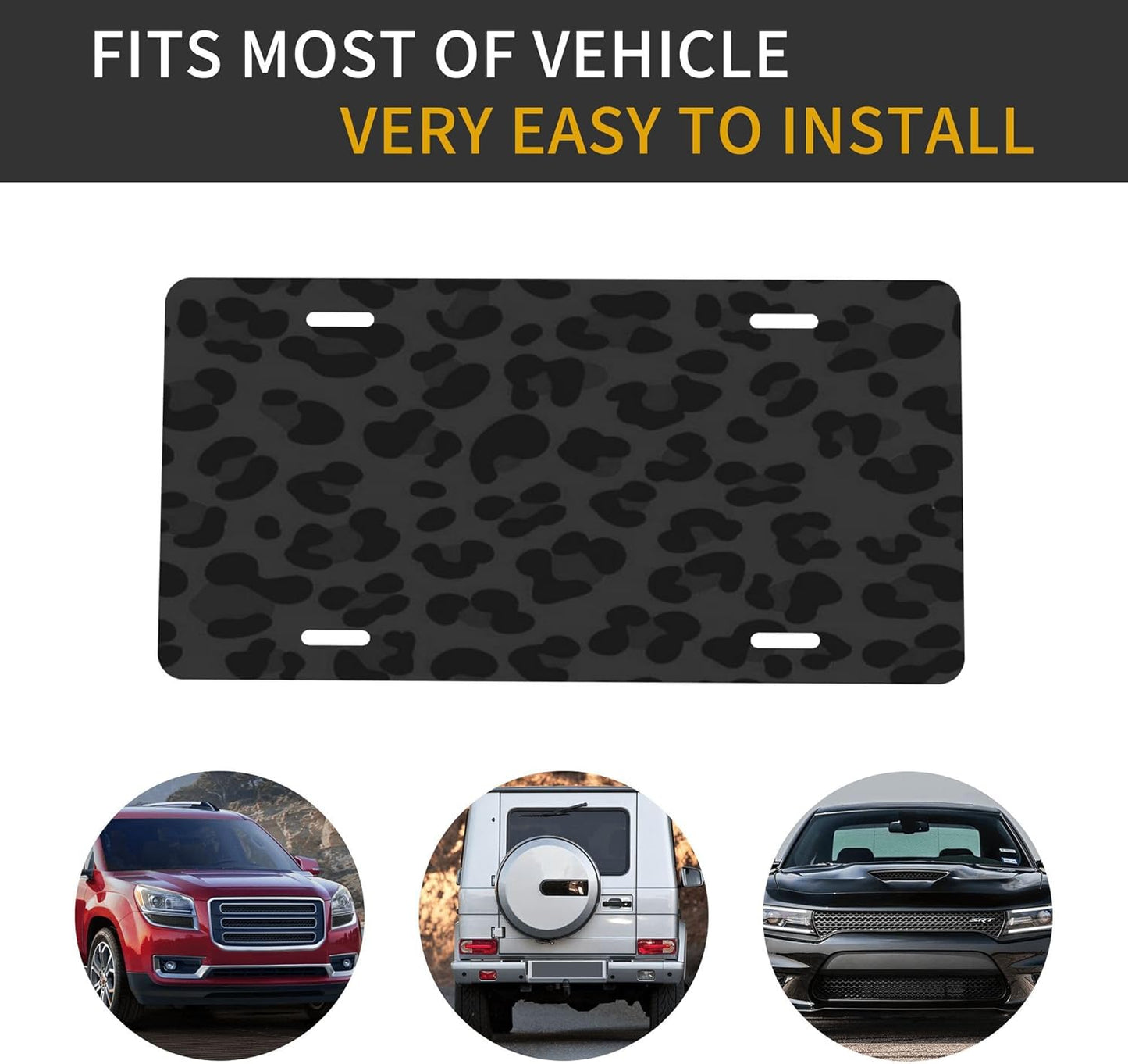 Leopard Cheetah Black License Plate Funny Aluminum Front License Plates Decorative Waterproof Rust-Free Metal Car Plate Covers for Women Men Car Tag Accessories fit Truck SUV Rv 12 X 6 in
