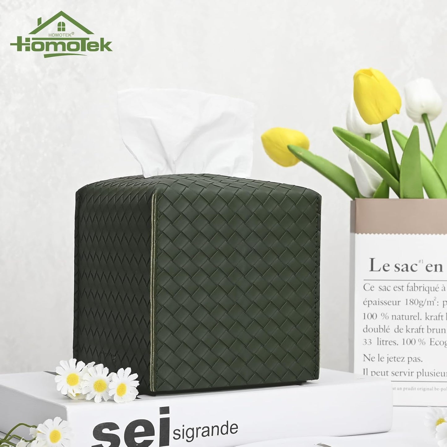 HOMOTEK 2 Pack Tissue Box Cover, Square PU Leather Tissue Holder, Decorative Facial Tissue Cube Paper Organizer Dispenser for Bathroom, Night Stands, Desk, Car 5X5X5'' - Woven Waffle,Emerald Green