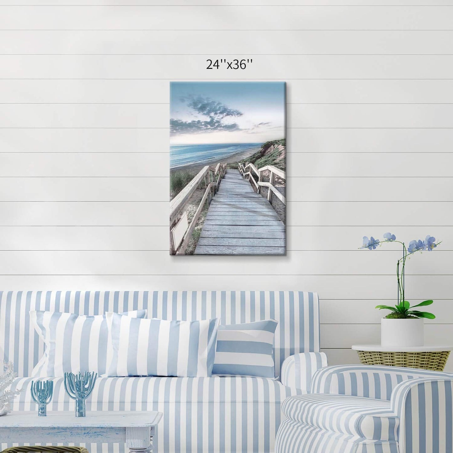 Beachside Wooden Path Wall Art: Bridge Boardwalk Stair Graphic Art on Wrapped Canvas for Wall Decor (24''x36'')