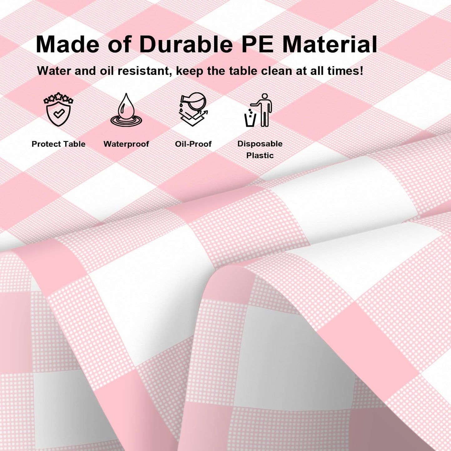 3 Pack Pink and White Checkered Tablecloth, Round Pink Gingham Plastic Table Cloths for Parties Disposable, 84x84 in Waterproof Camping Tablecloth for Birthday Party Baby Shower Picnic School