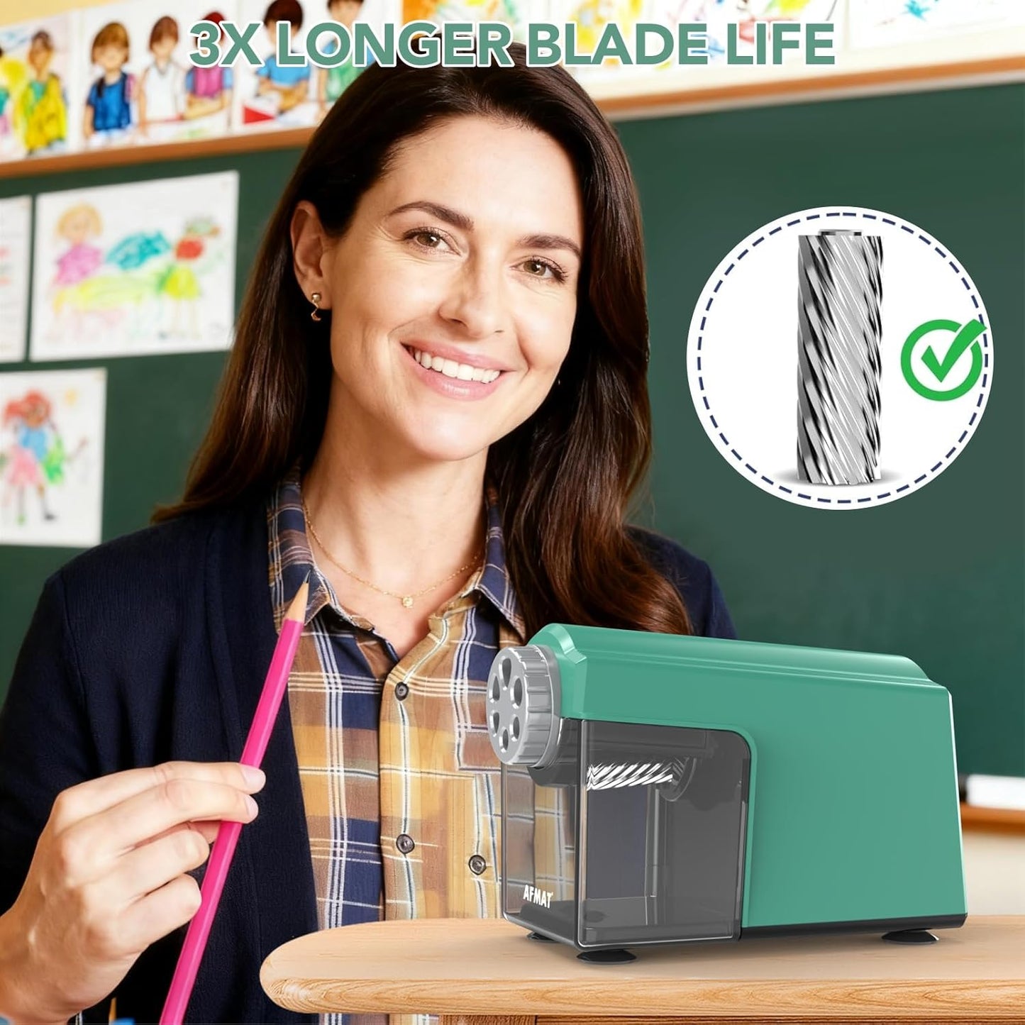 AFMAT PSD4 Electric Pencil Sharpener Heavy Duty, 6 Holes, Cordless & Rechargeable, Super Fast, Auto Stop, 10K+ Uses, Classroom Pencil Sharpener for 6-11mm No.2/Large/Colored Pencils, Green