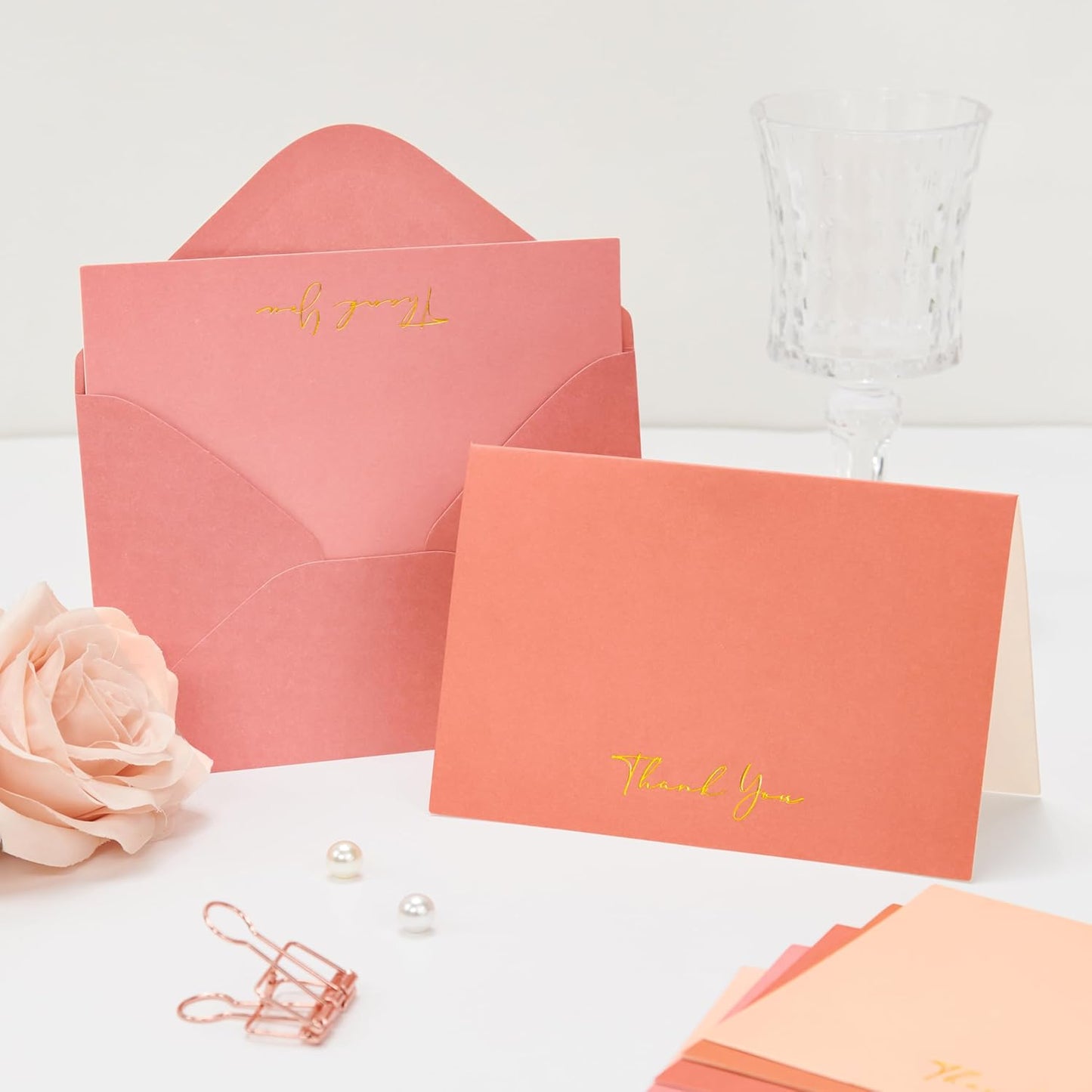 Crisky Pink Thank You Cards with Envelopes & Stickers， 50 Pack Gold Foil Bridal Shower Graduation Thank You Cards Small Business, Wedding Baby Shower Birthday Funeral Notes Bulk