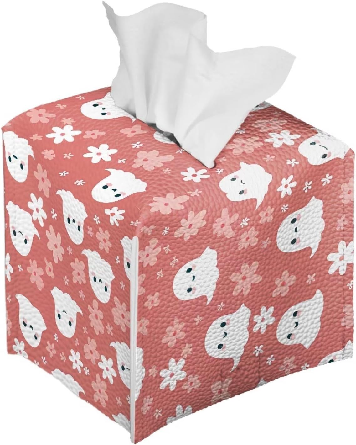 Halloween Cute Ghost Flowers Tissue Box Cover Square 5x5x5 with Bottom Belt Refillable Soft PU Leather Tissue Cover Decorative Organizer Indoor Decorations for Night Stands