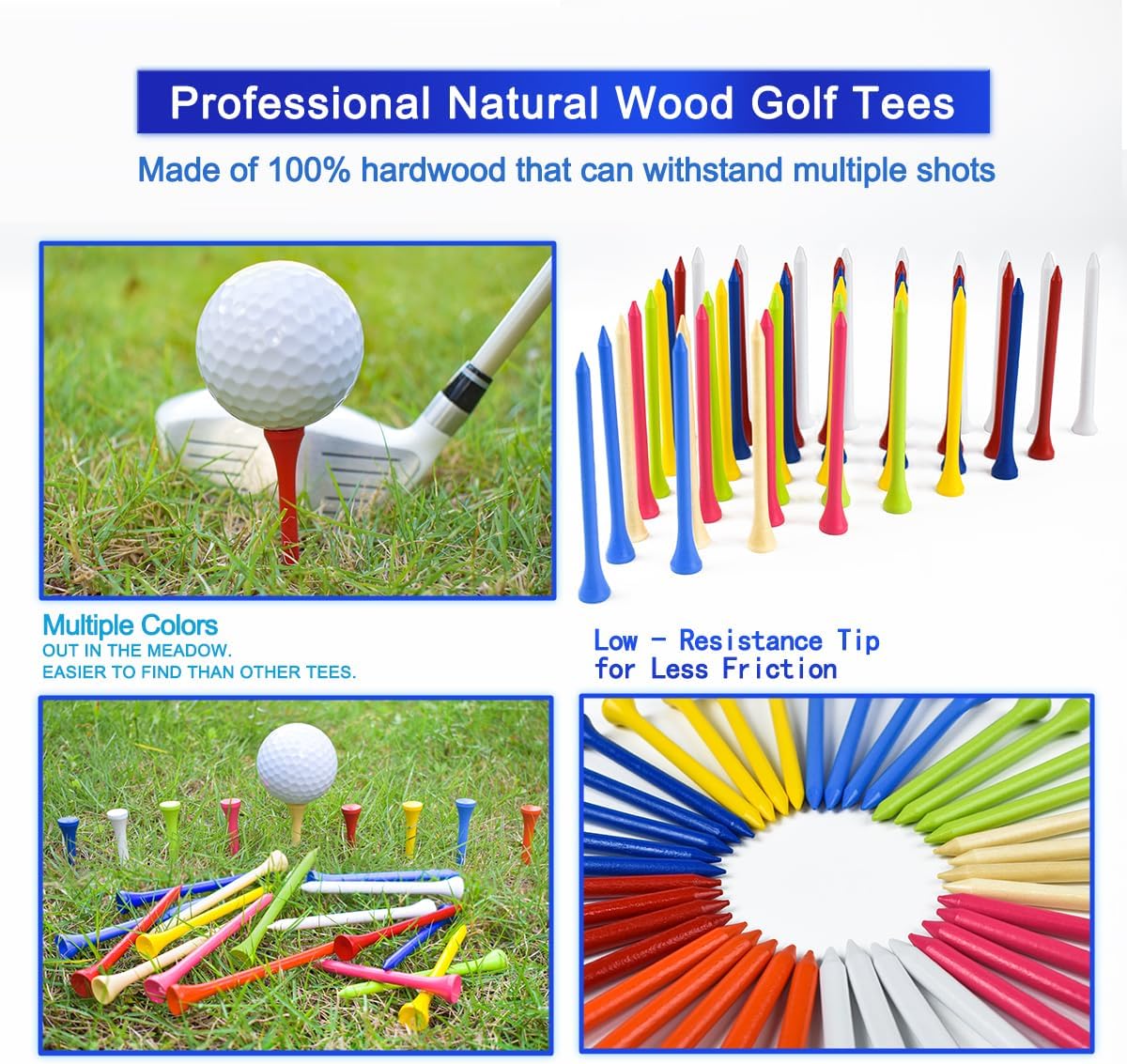 Golf Tees Professional Durable Natrual Wooden Golf Tees 3-1/4" -Pack of 120 Bulk, Multiple Colors Mix of Colours,Biodegradable Wood Golf Tees,Reduce Friction Side Spin More Stable 3-1/4 inch