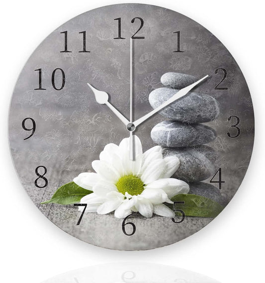 Battery Operated Wall Clocks 12 Inch,Grey Stone and Flowers,Silent Home Decor for Bathroom,Living Room,Bedroom