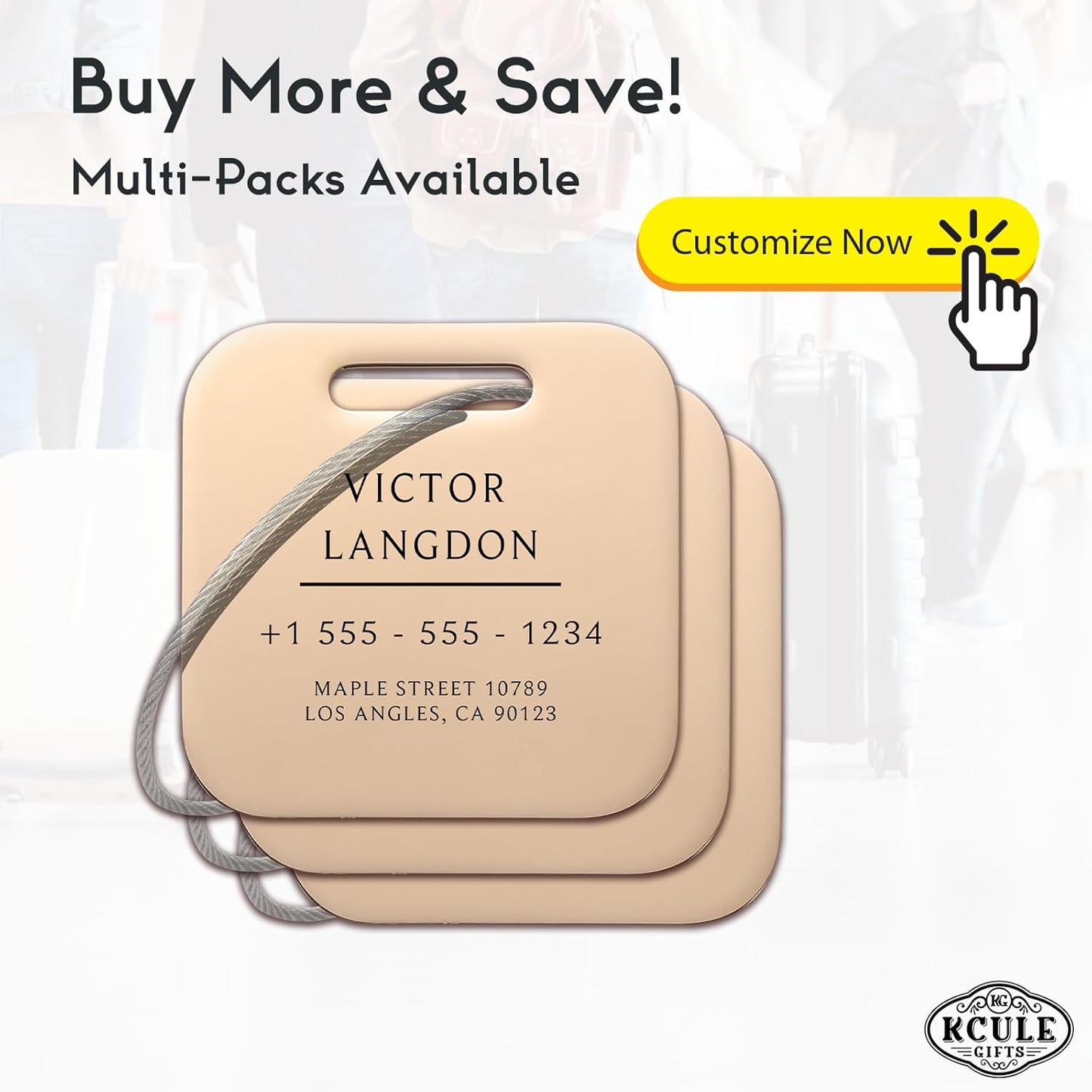 Stainless Luggage Tags for Suitcases: Metal Personalized Luggage Tags and Bags with Customizable Texts (Rose Gold)