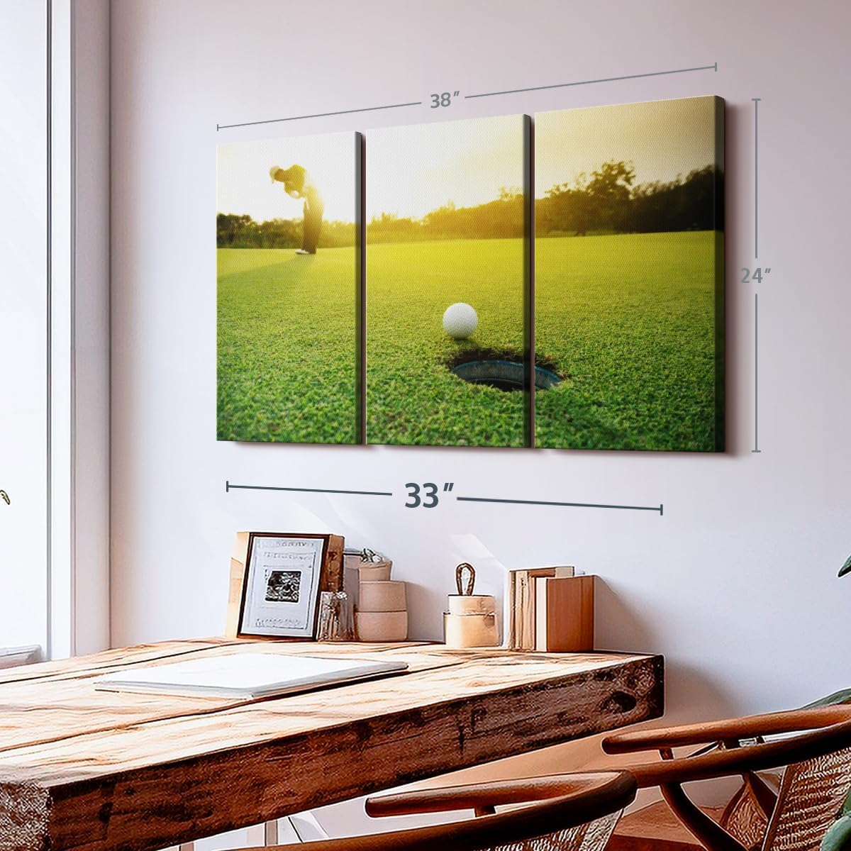 ElephantStock Golf Ball Strike Wall Art - Horizontal Canvas - 3-Piece Living Room Wall Decor - Photography Sports Canvas Print - Green and White Decor for Wall - 38" X 24"