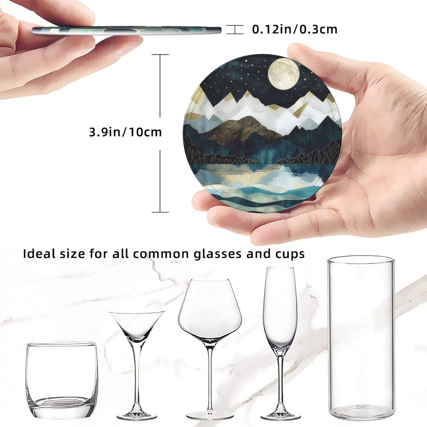 Mountain Sunset Leather Drinks Coasters with Holder Set of 6, Suitable for Kinds of Cups