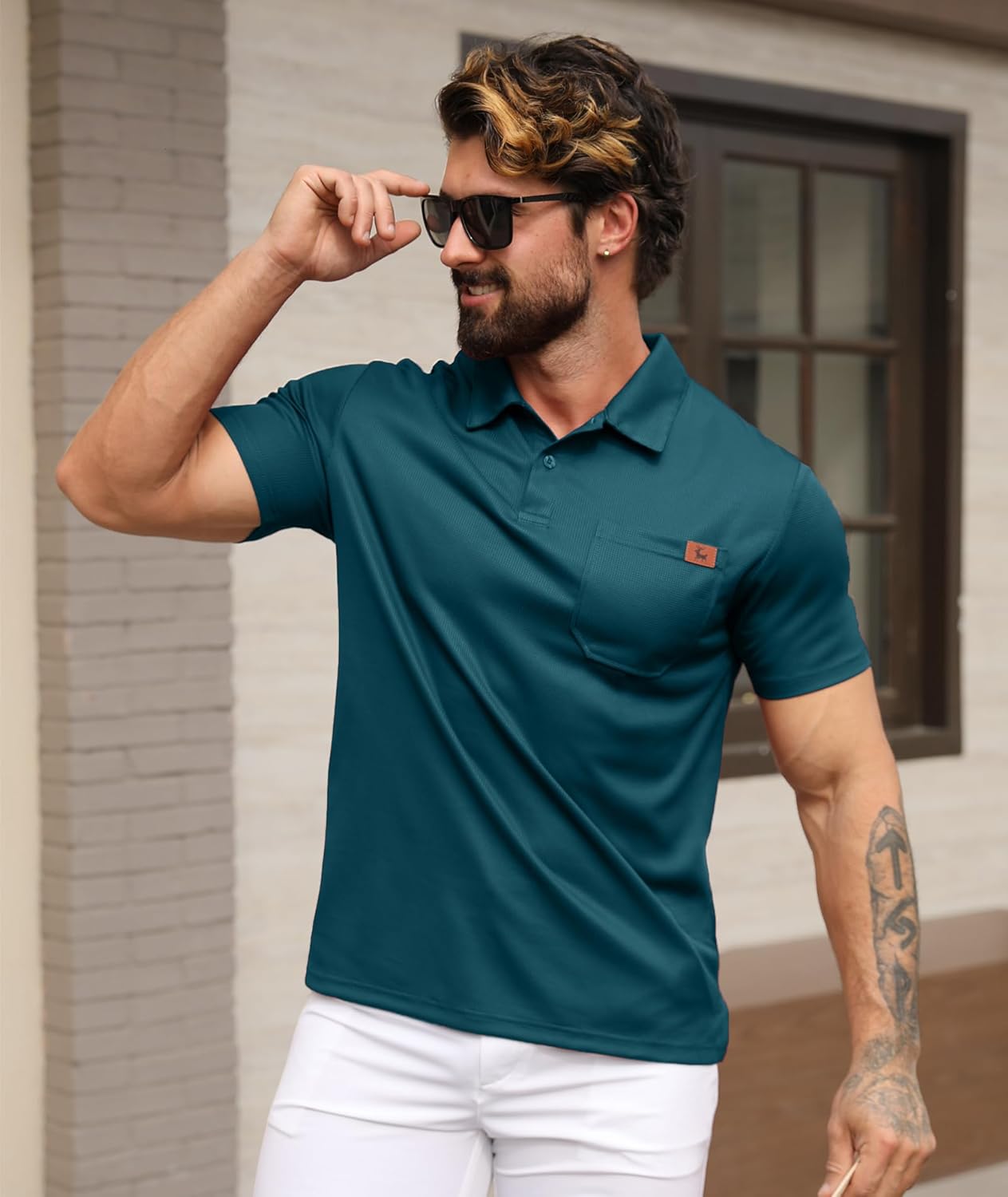 GEEK LIGHTING Mens Waffle Texture Polo Shirts Short Sleeve Casual T-Shirts Moisture Wicking Collared Golf Shirt with Pocket